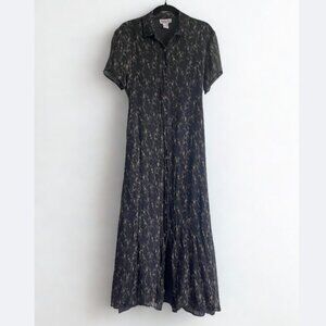 VTG 100% Silk Black Floral Midi Dress Button Front Tie Waist Cottagecore Size 10